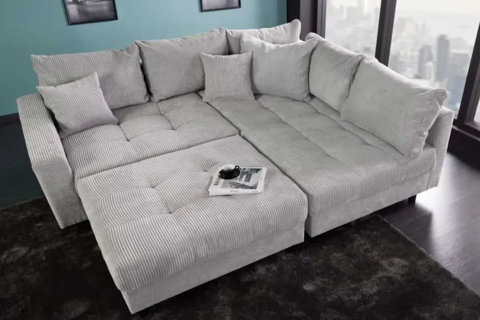 Modernes Ecksofa KENT 220cm hellgrau Cord inkl. Hocker Federkern L-Form Wohnlandschaft