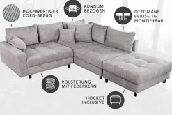 Modernes Ecksofa KENT 220cm hellgrau Cord inkl. Hocker Federkern L-Form Wohnlandschaft