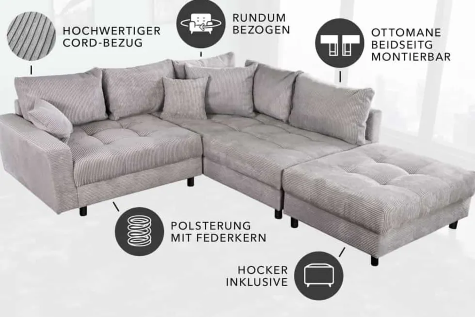 Modernes Ecksofa KENT 220cm hellgrau Cord inkl. Hocker Federkern L-Form Wohnlandschaft
