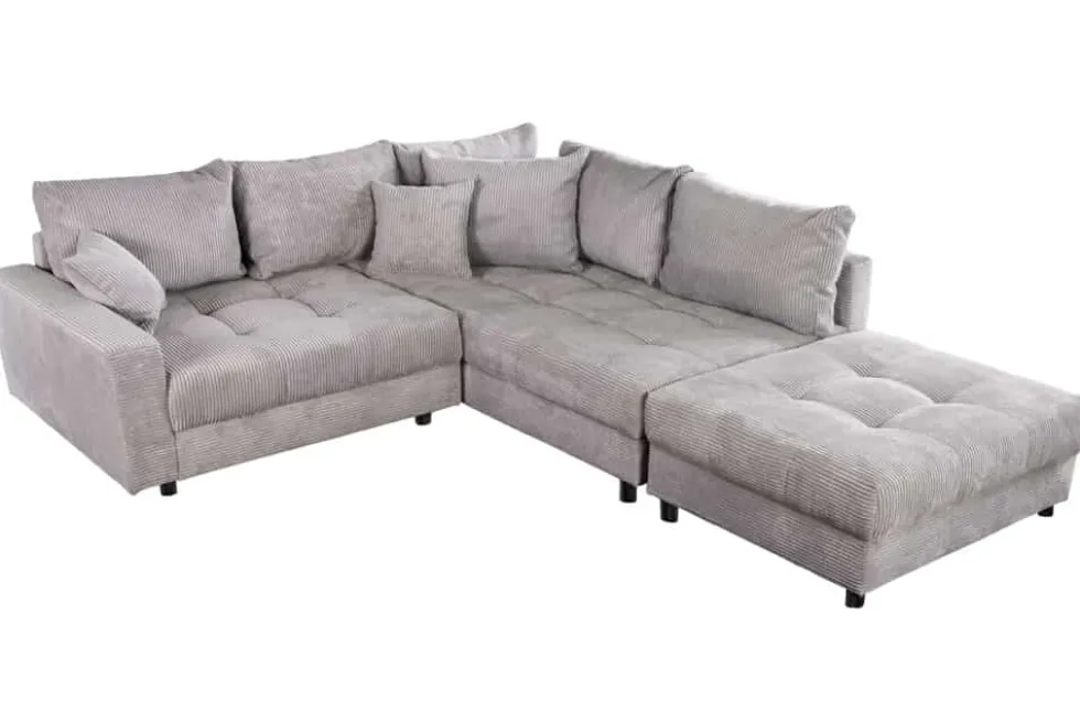 Modernes Ecksofa KENT 220cm hellgrau Cord inkl. Hocker Federkern L-Form Wohnlandschaft