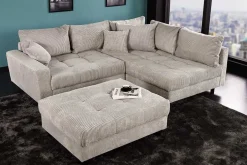 Modernes Ecksofa KENT 220cm greige Cord inkl. Hocker Federkern L-Form Wohnlandschaft
