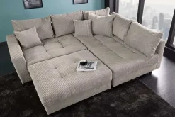 Modernes Ecksofa KENT 220cm greige Cord inkl. Hocker Federkern L-Form Wohnlandschaft
