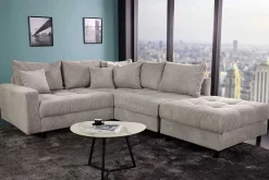 Modernes Ecksofa KENT 220cm greige Cord inkl. Hocker Federkern L-Form Wohnlandschaft