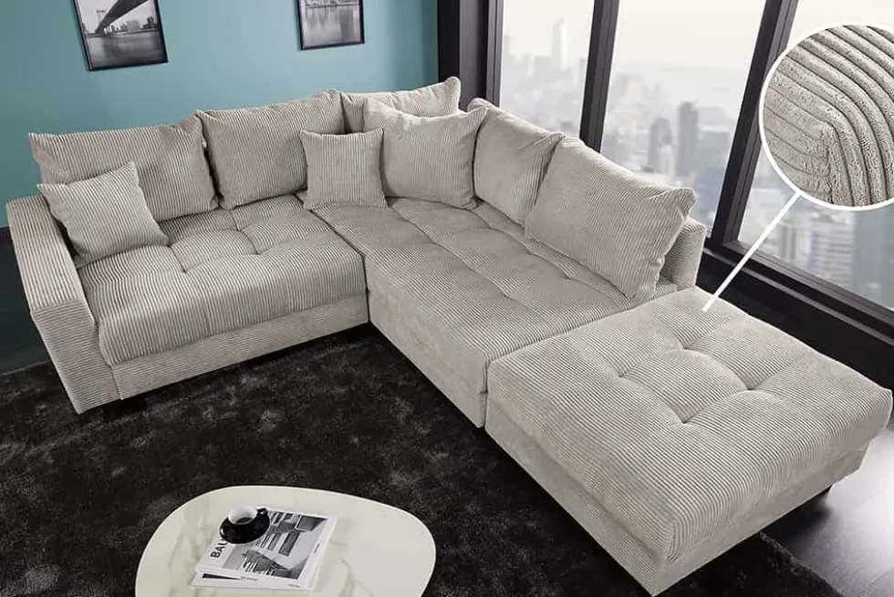 Modernes Ecksofa KENT 220cm greige Cord inkl. Hocker Federkern L-Form Wohnlandschaft