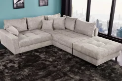 Modernes Ecksofa KENT 220cm greige Cord inkl. Hocker Federkern L-Form Wohnlandschaft