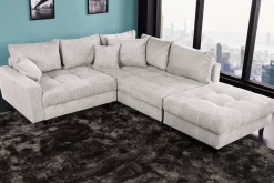 Modernes Ecksofa KENT 220cm beige Cord inkl. Hocker Federkern L-Form Wohnlandschaft