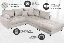Modernes Ecksofa KENT 220cm beige Cord inkl. Hocker Federkern L-Form Wohnlandschaft