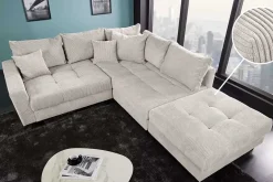 Modernes Ecksofa KENT 220cm beige Cord inkl. Hocker Federkern L-Form Wohnlandschaft