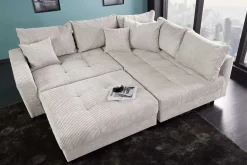 Modernes Ecksofa KENT 220cm beige Cord inkl. Hocker Federkern L-Form Wohnlandschaft