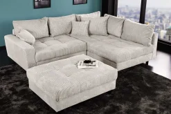 Modernes Ecksofa KENT 220cm beige Cord inkl. Hocker Federkern L-Form Wohnlandschaft