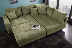 Modernes Ecksofa KENT 220cm grün Cord inkl. Hocker Federkern L-Form Wohnlandschaft