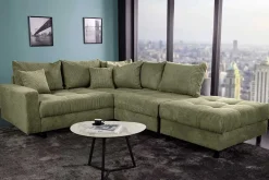 Modernes Ecksofa KENT 220cm grün Cord inkl. Hocker Federkern L-Form Wohnlandschaft
