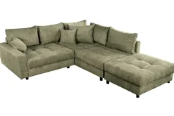 Modernes Ecksofa KENT 220cm grün Cord inkl. Hocker Federkern L-Form Wohnlandschaft