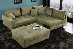 Modernes Ecksofa KENT 220cm grün Cord inkl. Hocker Federkern L-Form Wohnlandschaft