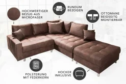 Modernes Ecksofa KENT 220cm braun Federkern Wohnlandschaft inkl. Hocker und Kissen