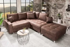 Modernes Ecksofa KENT 220cm braun Federkern Wohnlandschaft inkl. Hocker und Kissen
