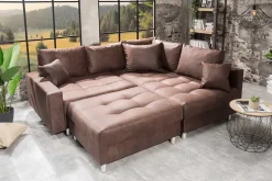 Modernes Ecksofa KENT 220cm braun Federkern Wohnlandschaft inkl. Hocker und Kissen