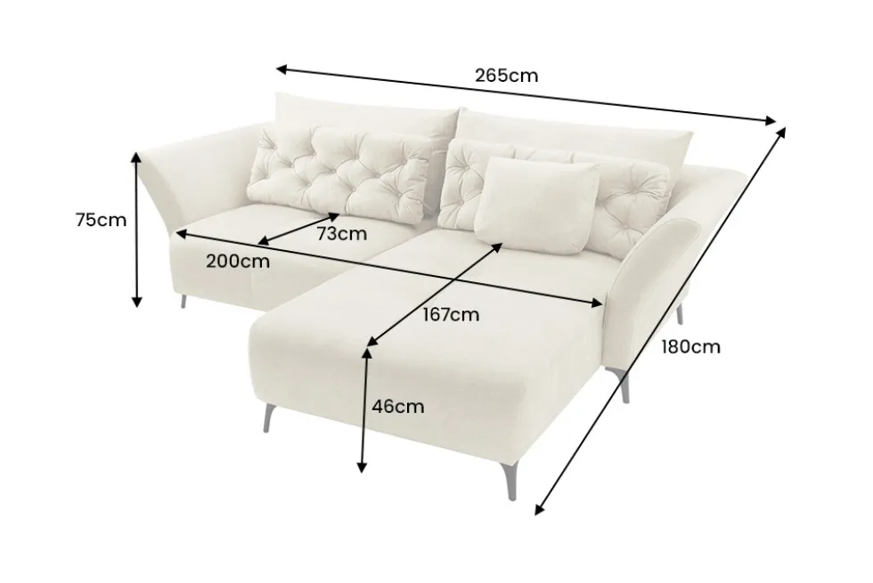 Modernes Ecksofa MARRAKESCH 265cm beige Samt 3-Sitzer inkl. Kissen Ottomane rechts