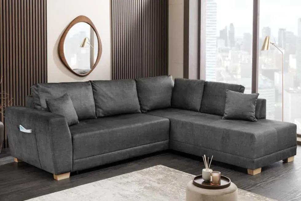 Modernes Ecksofa NORWAY 250cm grau Vogue Velours Samt Schlafsofa mit Stauraum