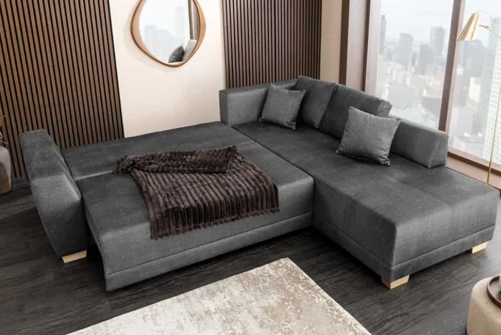 Modernes Ecksofa NORWAY 250cm grau Vogue Velours Samt Schlafsofa mit Stauraum