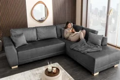 Modernes Ecksofa NORWAY 250cm grau Vogue Velours Samt Schlafsofa mit Stauraum