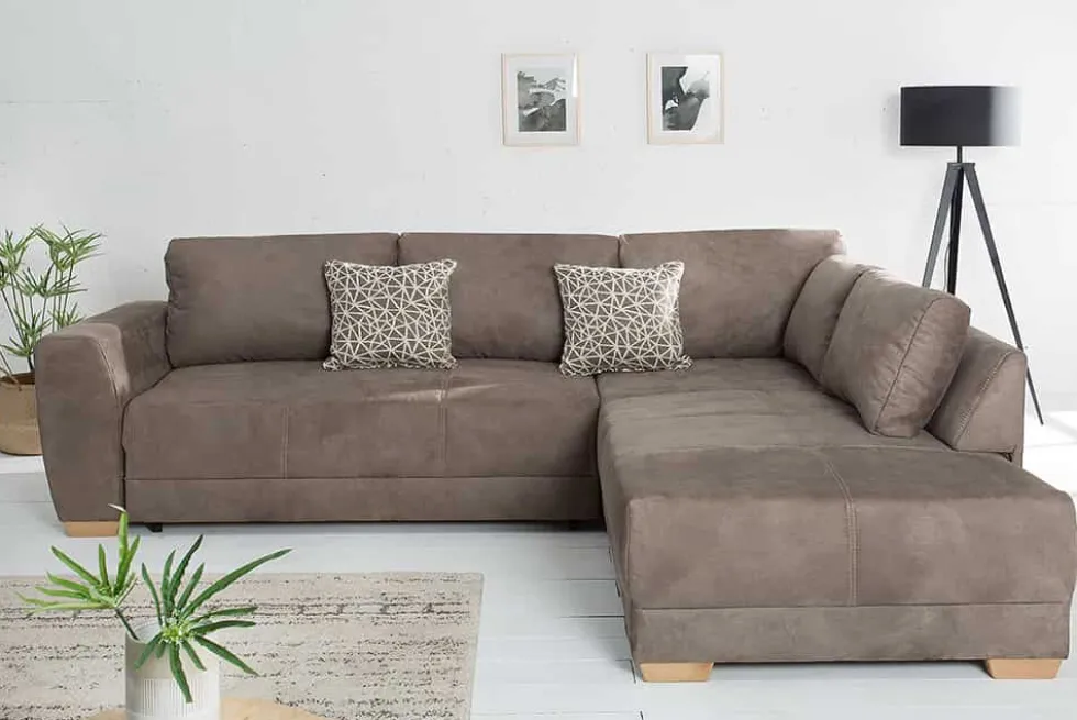 Modernes Ecksofa NORWAY 250cm taupe Microfaser Schlafsofa mit Bettkasten Federkern