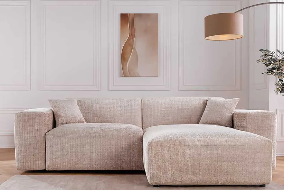 Modernes Ecksofa SIGNATUR 260cm beige Chenille Cremona beidseitig stellbar inkl. Kissen