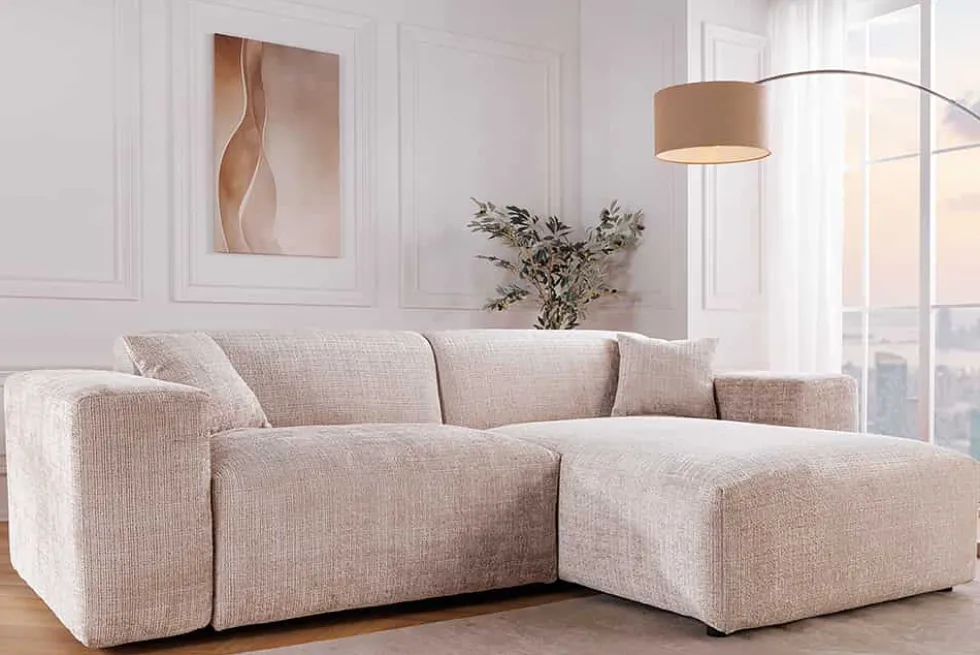 Modernes Ecksofa SIGNATUR 260cm beige Chenille Cremona beidseitig stellbar inkl. Kissen