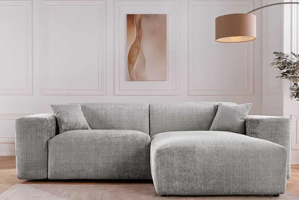 Modernes Ecksofa SIGNATUR 260cm grau Chenille Cremona beidseitig stellbar inkl. Kissen
