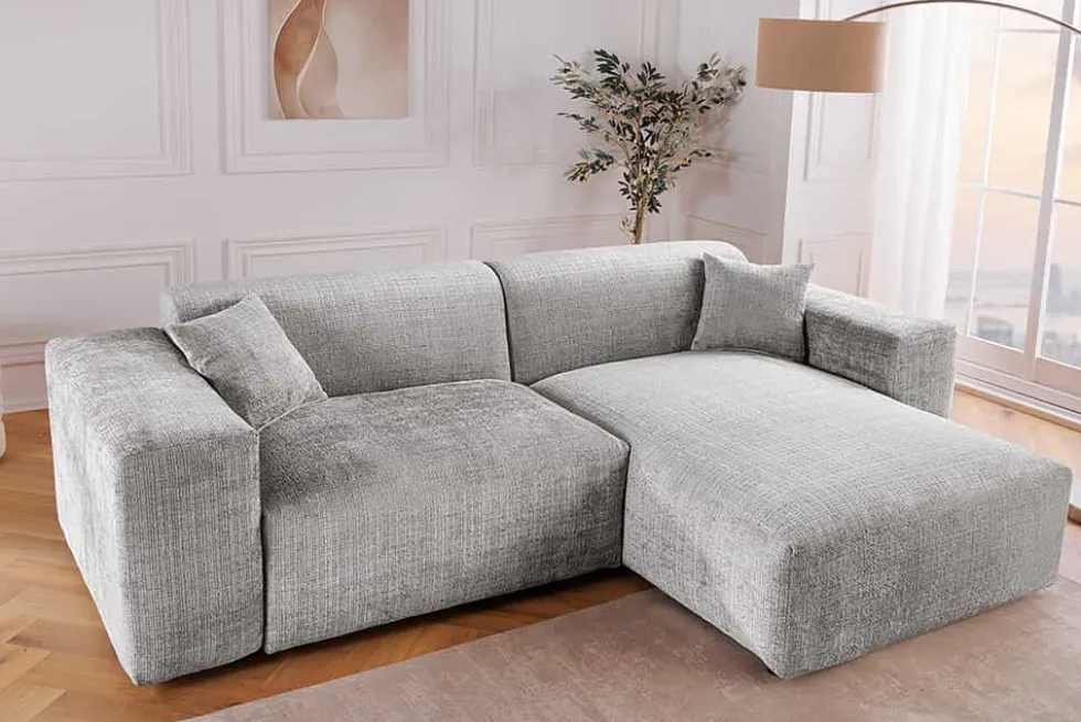 Modernes Ecksofa SIGNATUR 260cm grau Chenille Cremona beidseitig stellbar inkl. Kissen
