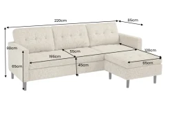 Modernes Ecksofa STOCKHOLM 220cm beige cozy Veloursstrickstoff Federkern 3-Sitzer-Sofa