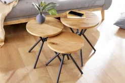Modernes 3er Set Beistelltische FACTORY 40cm natur Wildeiche Massivholz rund schwarz Metall