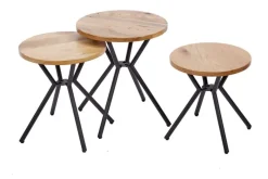 Modernes 3er Set Beistelltische FACTORY 40cm natur Wildeiche Massivholz rund schwarz Metall