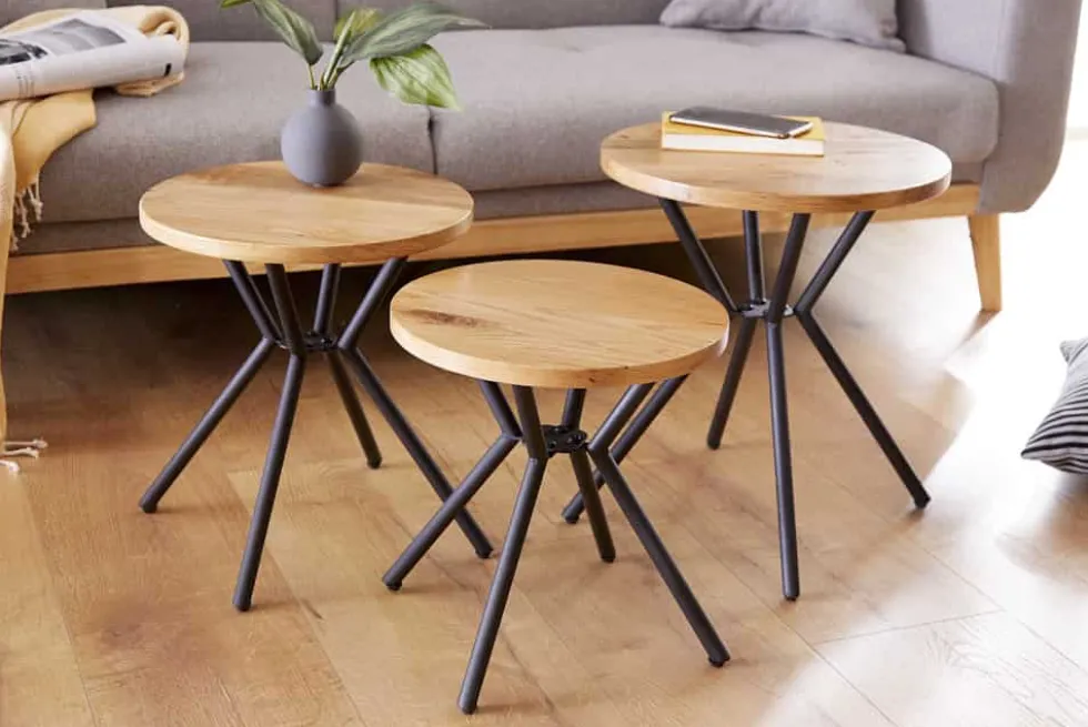 Modernes 3er Set Beistelltische FACTORY 40cm natur Wildeiche Massivholz rund schwarz Metall