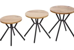 Modernes 3er Set Beistelltische FACTORY 40cm natur Wildeiche Massivholz rund schwarz Metall