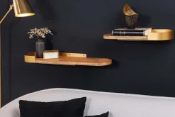 Modernes 2er Set Wandregal PURE NATURE 60cm gold Mangoholz massiv Metall handmade