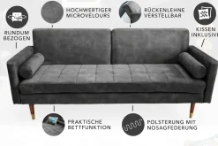 Modernes Schlafsofa COUTURE 200cm grau Microvelours 3-Sitzer Couch mit Schlaffunktion