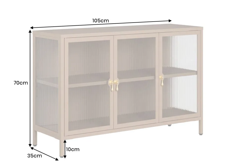 Modernes Sideboard AMSTERDAM 105cm greige gold Riffelglas Metall Vitrine Schrank