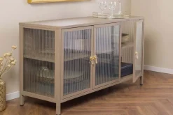 Modernes Sideboard AMSTERDAM 105cm greige gold Riffelglas Metall Vitrine Schrank