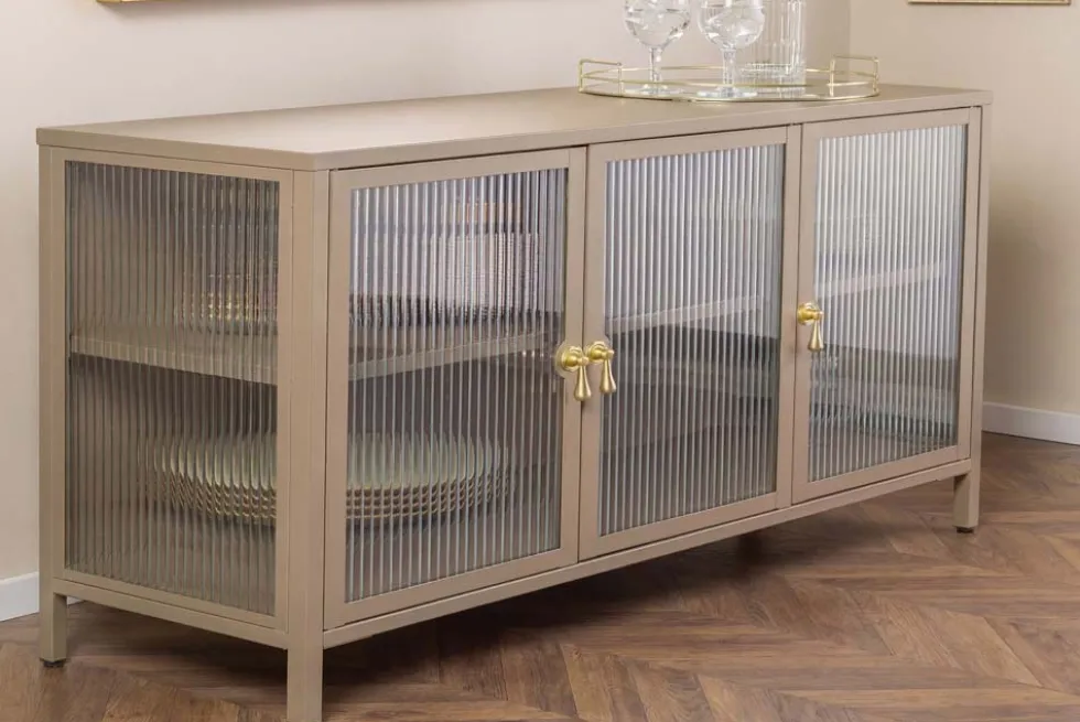 Modernes Sideboard AMSTERDAM 105cm greige gold Riffelglas Metall Vitrine Schrank