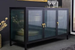 Modernes Sideboard AMSTERDAM 105cm schwarz gold Riffelglas Metall Vitrine Schrank