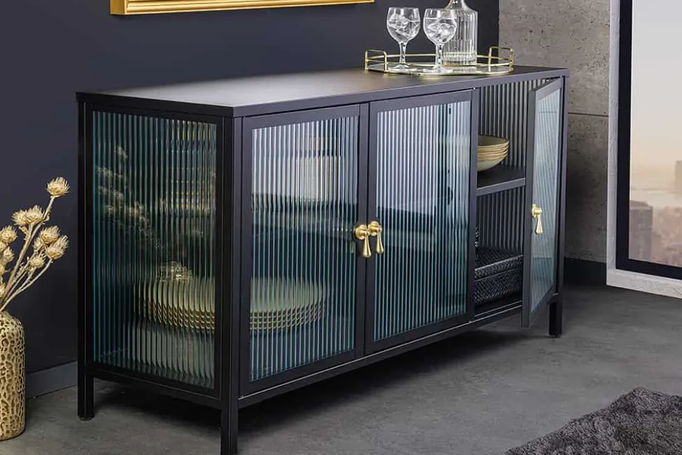 Modernes Sideboard AMSTERDAM 105cm schwarz gold Riffelglas Metall Vitrine Schrank