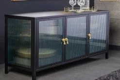 Modernes Sideboard AMSTERDAM 105cm schwarz gold Riffelglas Metall Vitrine Schrank