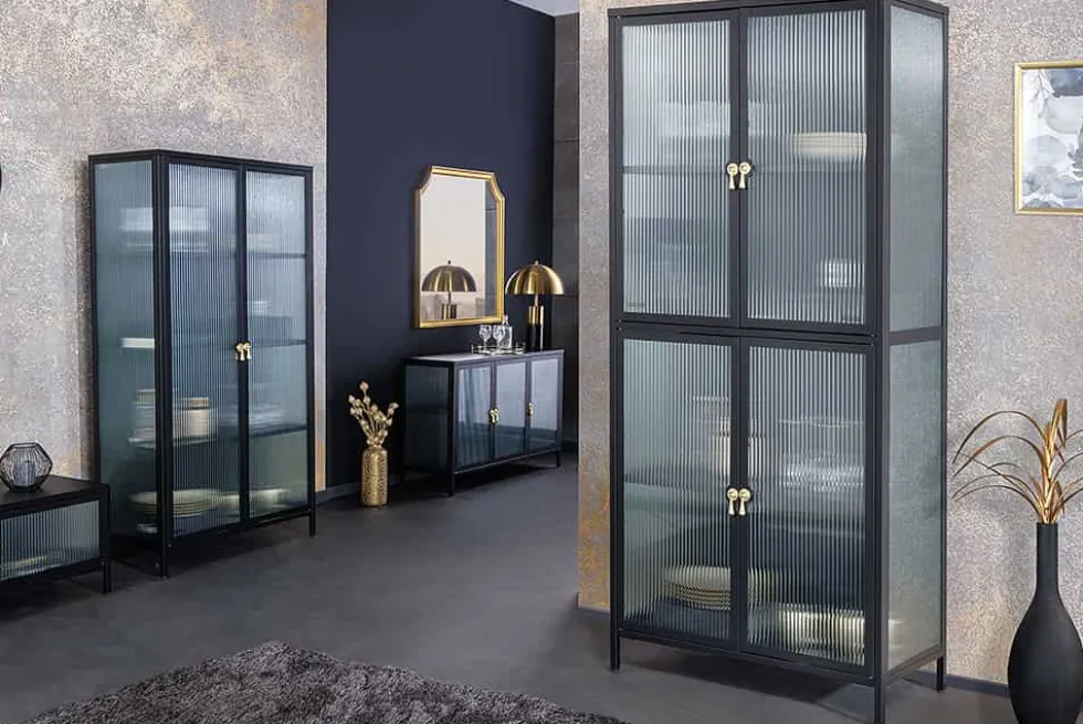 Modernes Sideboard AMSTERDAM 105cm schwarz gold Riffelglas Metall Vitrine Schrank