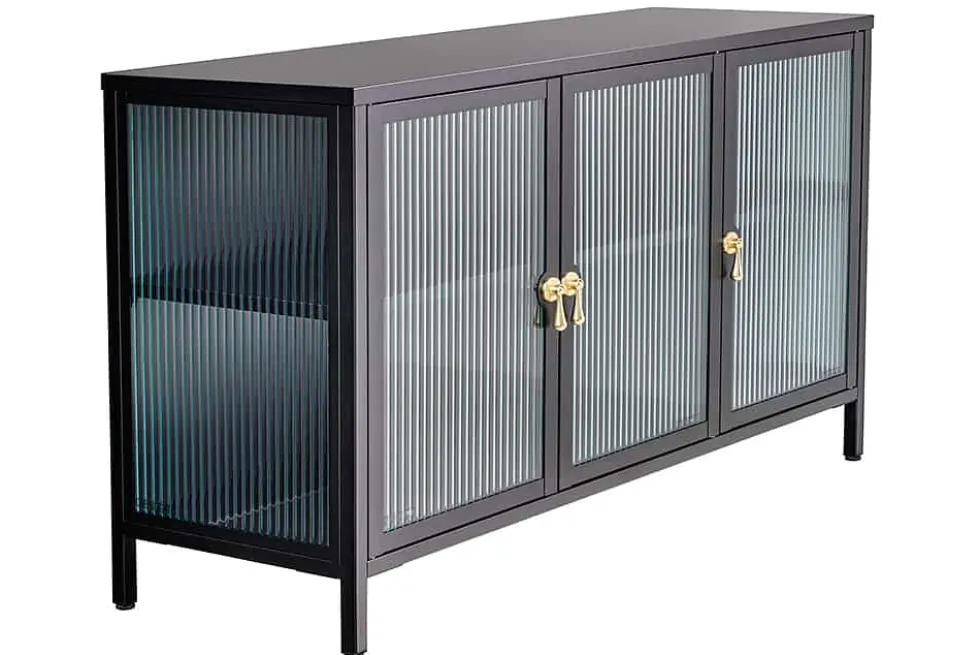 Modernes Sideboard AMSTERDAM 105cm schwarz gold Riffelglas Metall Vitrine Schrank