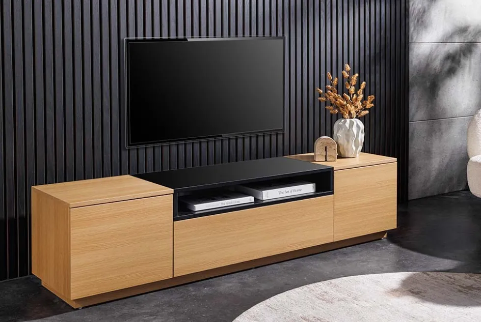 Modernes TV-Board LOFT 160cm natur schwarz drei Fächer mit Schublade