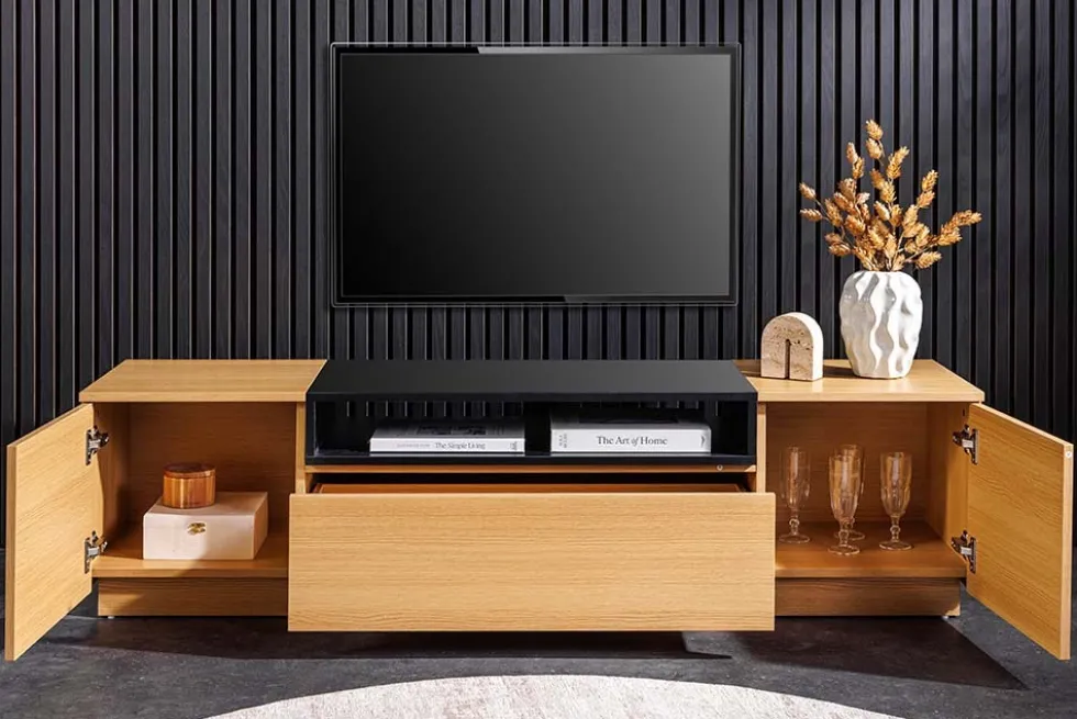 Modernes TV-Board LOFT 160cm natur schwarz drei Fächer mit Schublade