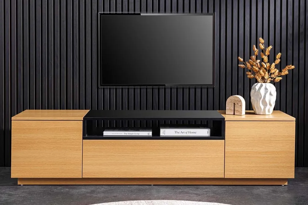 Modernes TV-Board LOFT 160cm natur schwarz drei Fächer mit Schublade