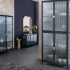 Modernes TV-Lowboard AMSTERDAM 90cm schwarz gold Riffelglas Metall Vitrine Schrank