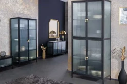 Modernes TV-Lowboard AMSTERDAM 90cm schwarz gold Riffelglas Metall Vitrine Schrank